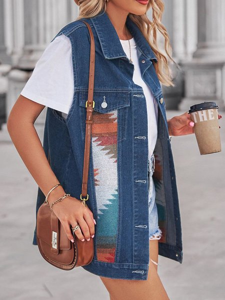 

Casual Ethnic Pattern Panel Denim Jacket Vest Western Vintage, Blue, Jackets