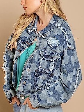

Plaid Shawl Collar Distressed Casual Jacket, Denim blue, Jackets