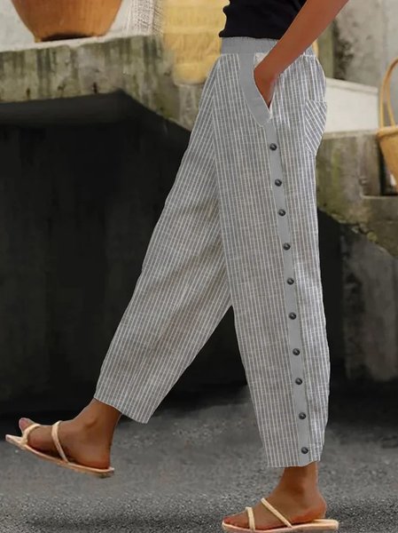 

Striped Casual Loose Button Detail Pocket Pant, Gray, Pants