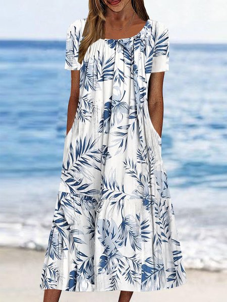

Casual Crew Neck Leaf Ruched Dress, Blue, Dresses