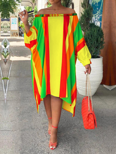 

Loose Urban Long sleeve Cold Shoulder Striped Midi Dress, As picture, Midi Dresses