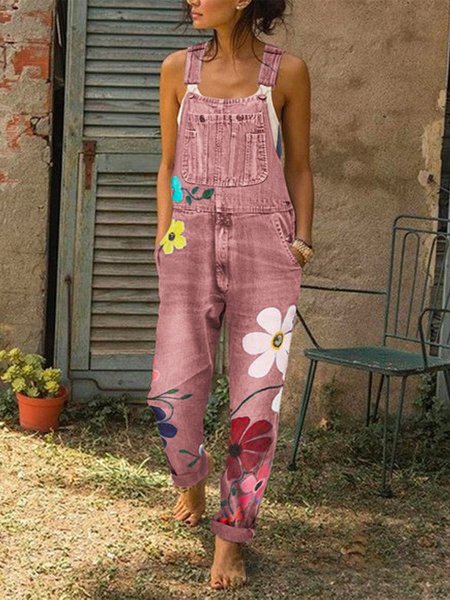 

Casual Floral Pattern Denim Bib Pants, Pink, Jumpsuits＆Rompers