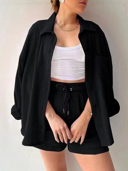 

Woman Breathable Cotton Linen Pleated Shirt Shorts Two-Piece Set, Black, Suit Set