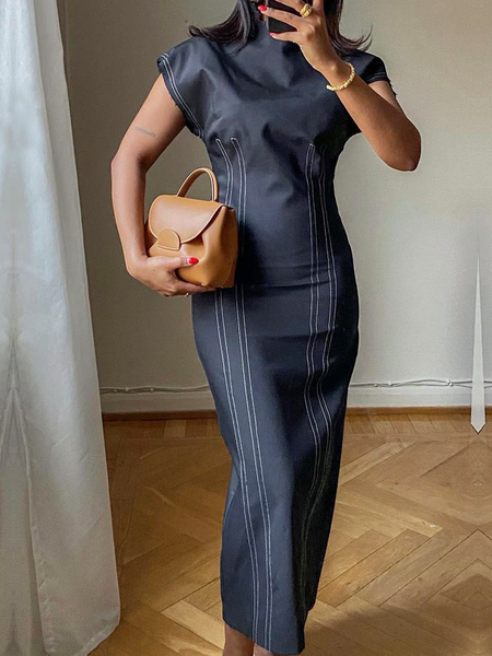 

Lightweight Urban Loose Stand Collar Short sleeve Color Block Denim Dress, As picture, Maxi Dresses