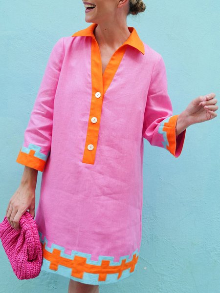 

Color Block Loose Urban Shirt Collar Dress, Pink, Mini Dresses