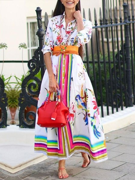 

Floral Shirt Collar Regular Fit Vacation Shirt Dress, White, Maxi Dresses