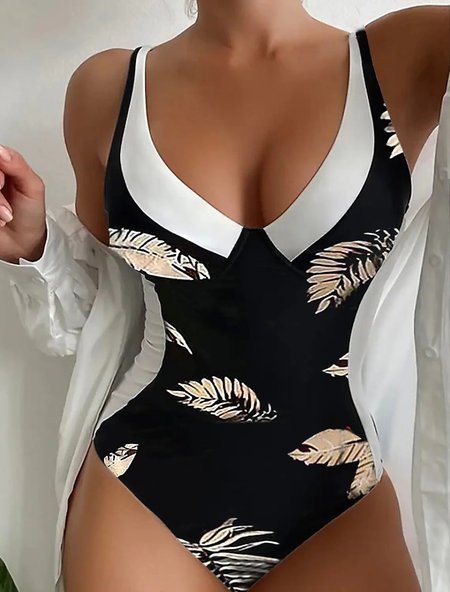 

Vacation Abstract Printing Scoop Neck One-Piece Swimsuit, Yellow, swimwear>>One-Pieces