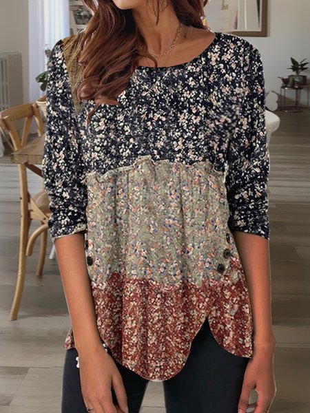 

Casual Crew Neck Small Floral Buckle Shirt, Black, Shirts & Blouses