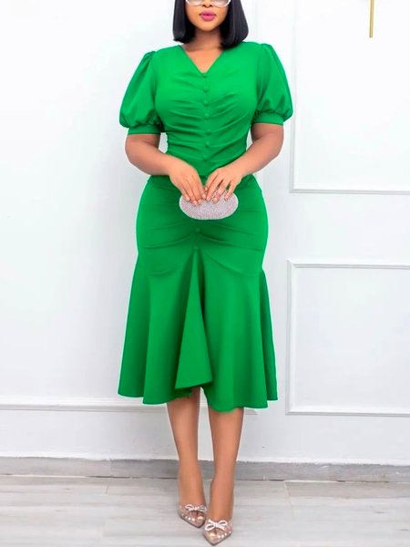 

V Neck Elegant Regular Fit Plain Midi Dress With No Belt, Green, Midi Dresses