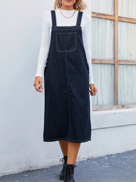 

Casual Pocket Stitching Denim Bib Pants, Blue, Jumpsuits＆Rompers