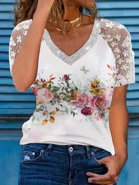 

Women's Fashion Breathable Lightweight Lace Floral Print V Neck Top T-Shirt, Color3, Shirts & Blouses