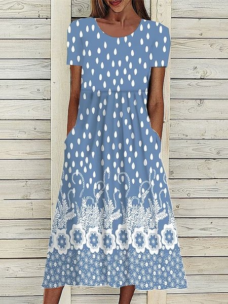 

Geometric Loose Crew Neck Casual Dress, Light blue, Dresses