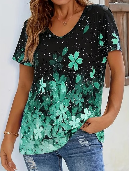 

Casual Crew Neck Floral Loose T-Shirt, Green, T-Shirts