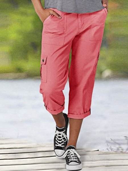 

Loose Plain Cotton Casual Solid Roll Tab Hem Multi Pocket Capri Pants, Pink, Pants