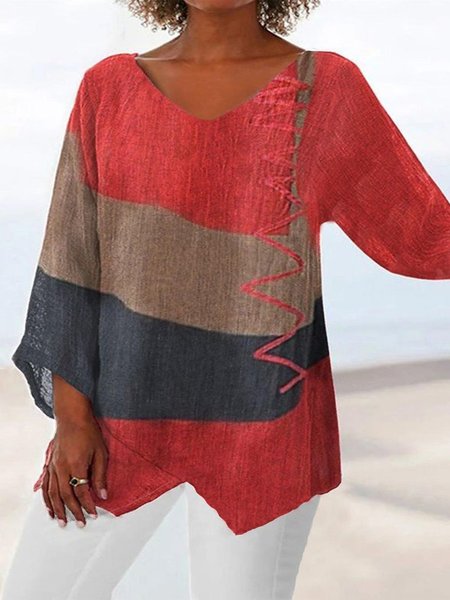 

Plus Size Casual Geometric Three Quarter Loose Shirt, Red, Shirts & Blouses