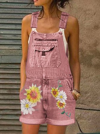 

Everyday Casual Sunflower and Daisy Cropped Jeans Bib Pant, Pink, Jumpsuits＆Rompers