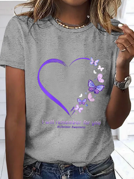 

Women's I Will Remember For You Butterfly Alzheimer's Awareness Simple Cotton T-Shirt, Light gray, T-shirts