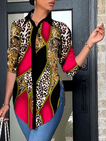 

Urban Loose Abstract Shirt Collar Blouse, Red, Blouses and Shirts