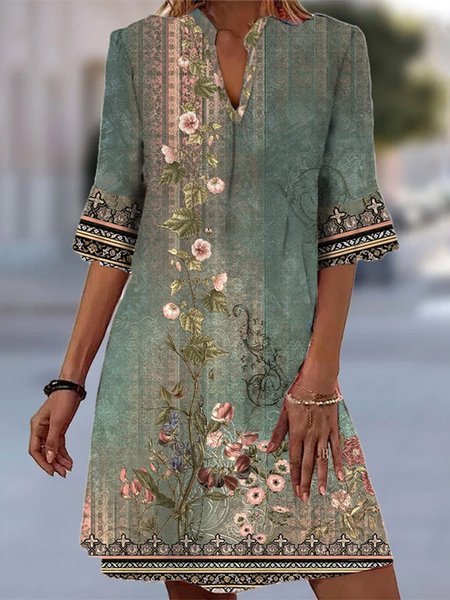 

Loose Casual V Neck Ethnic Dress, Green, Dresses