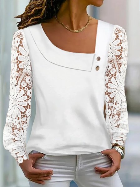 

Lace Casual Asymmetrical Shirt, White, Shirts & Blouses
