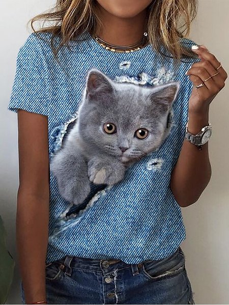 

Loose Casual Cat Crew Neck T-Shirt, Blue, T-Shirts