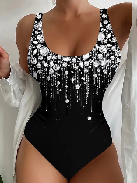 

Vacation Abstract Printing Scoop Neck One-Piece Swimsuit, White, swimwear>>One-Pieces