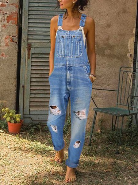 

Daily Casual Distressed Denim Overalls Urban Women's Clothing, Light blue, Jumpsuits＆Rompers