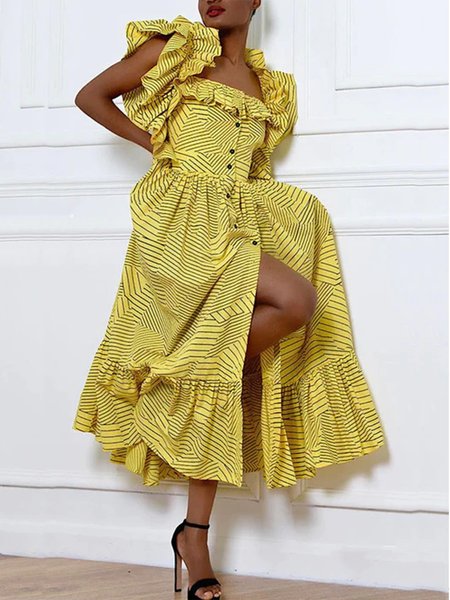 

Square Neck Urban Striped Regular Fit Midi Dress, Yellow, Midi Dresses