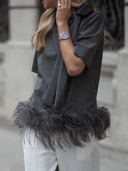 

Loose Plain Stand Collar Short sleeve Loose Urban Shirt, Gray, Blouses and Shirts