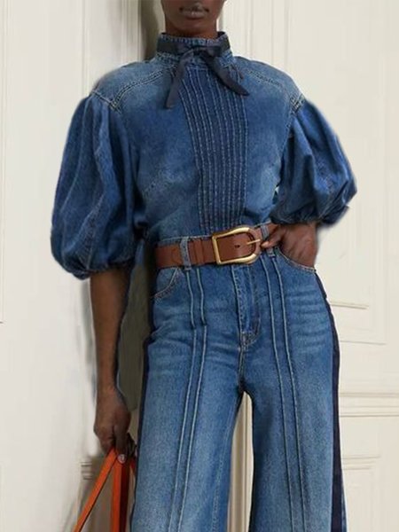 

Regular Size Lantern Sleeve Plain Urban Denim Top, Blue, Tops