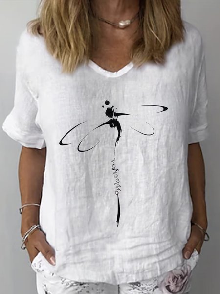 

Dragonfly Casual Linen Loose Shirt, White, Tees & T-shirts