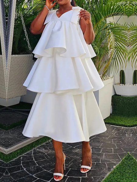 

Plain Loose Lightweight Elegant V Neck Sleeveless Midi Dress, White, Midi Dresses