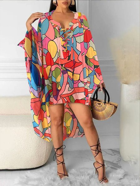

Plus Size Crew Neck Colorblock Vacation Loose Dress, Orange, Plus Dresses