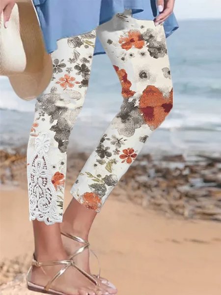 

Floral Regular Fit Casual Lace Leggings, White, Leggings