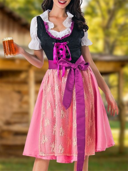 

Oktoberfest Bavarian Traditional Beer Short Sleeve Dress Lace-up With Belt, Pink, Midi