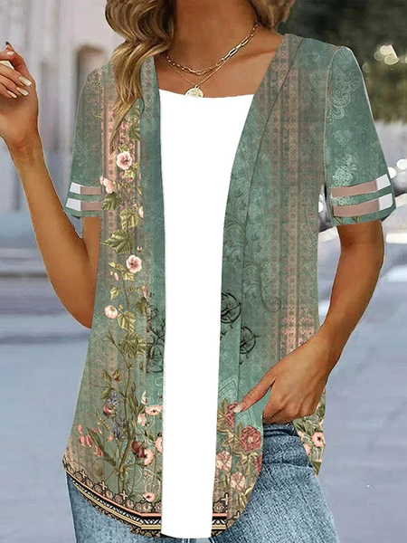 

Loose Crew Neck Vintage Ethnic Shirt, Green, Shirts & Blouses