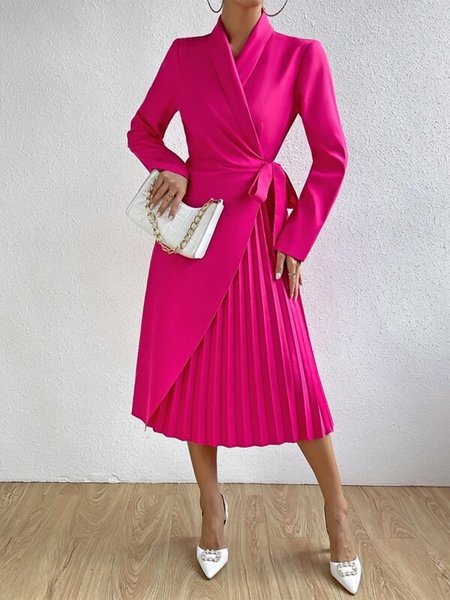 

Micro Pleat Regular Fit Shawl Collar Plain Elegant Dress, Pink, Midi Dresses