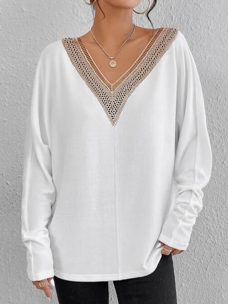 

Loose V Neck Casual T-Shirt, White, T-Shirts