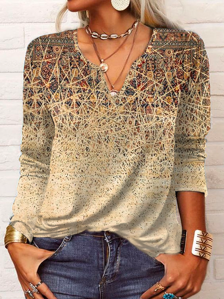 

Notched Ethnic Loose Casual Shirt, Beige, Long sleeves