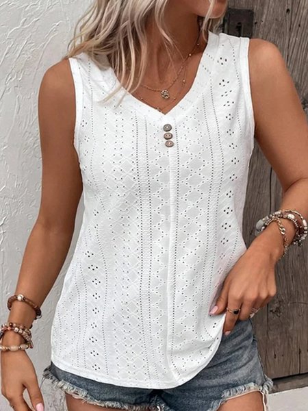 

Geometric Casual V Neck Eyelet Embroidery Button Front Tank Top, White, Tanks & Camis