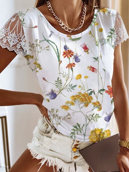 

Crew Neck Casual Lace Flroal Regular Fit T-Shirt, White, T-Shirts