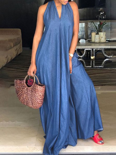 

Plus Size Regular Fit Urban V Neck Plain Dress With No Bag, Blue, Plus Dresses