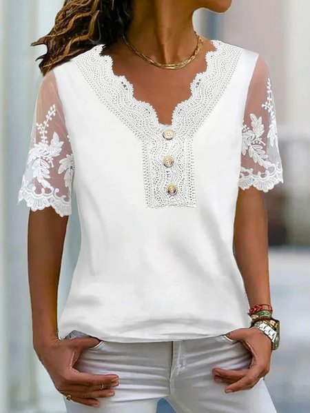 

Plain Lace V Neck Casual Shirt, White, Tees & T-shirts