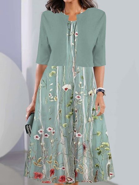 

Floral Crew Neck Loose Elegant Two-Piece Set, Green, Suit Set
