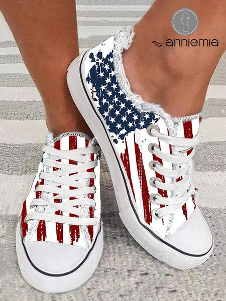 

Independence Day America Flag Print Raw Hem Canvas Shoes, As picture, Sneakers
