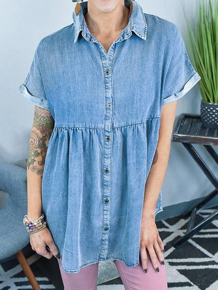 

Casual Ruffle Short Sleeve Denim Dress Urban Daily Women's Clothing, Blue, Denim Dresses