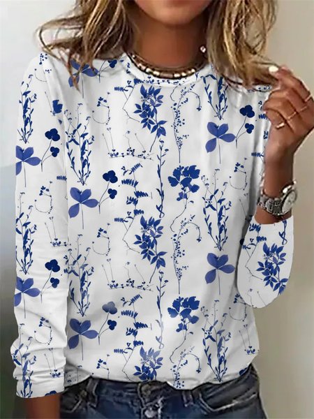 

Floral Casual Crew Neck T-Shirt, Blue, T-Shirts