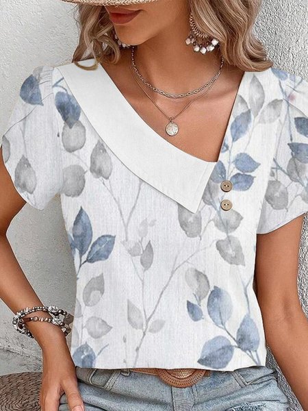 

Loose Casual V Neck Leaf Shirt, Blue, Shirts & Blouses