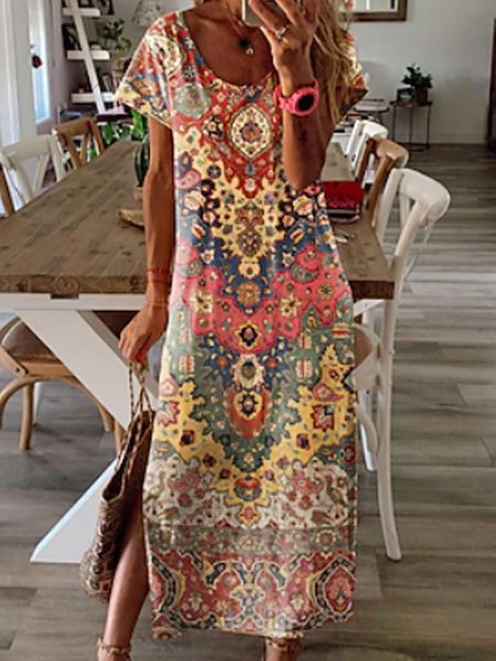 

Regular Fit Casual Crew Neck Geometric Dress, Multicolor, Dresses