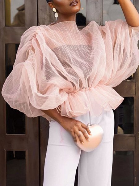 

Plain Elegant See-through Mesh Shirt, Pink, Blouses and Shirts